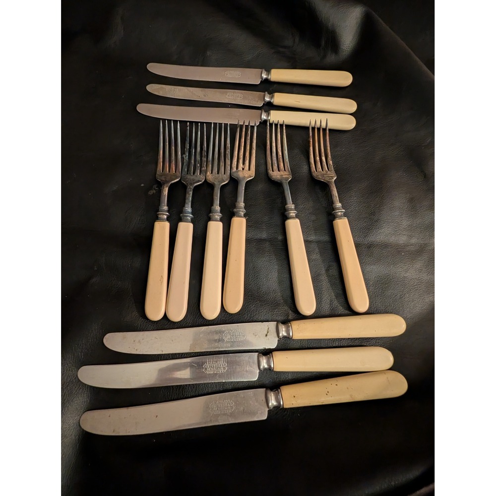 12 pc Universal Resistain Stainless Flatware Cream Handles Knife Fork
